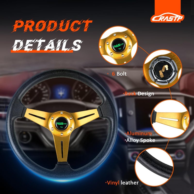 RASTP Universal Racing Steering Wheel 13.8â€/350mm 6 Bolts Grip Vinyl Leather & Aluminum with Horn Button for Car -Gold - Image 2